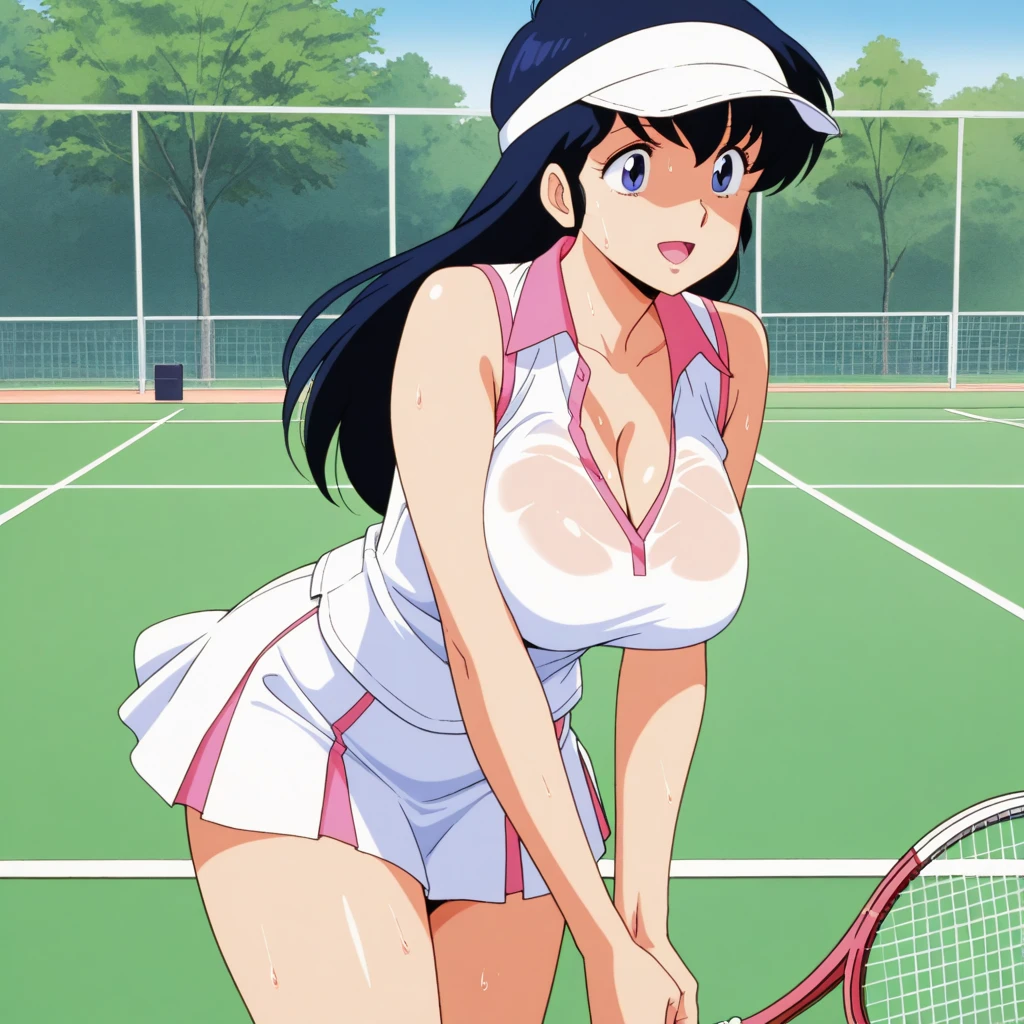 NSFW, masterpiece, (best quality: 1.2), long hair, blue eyes, green hair, big breasts, evil_smile, sexy, ((red lipstick, fishnet stocking, White clothes)), ((tennis player)), ((cum shot: 1.5)),