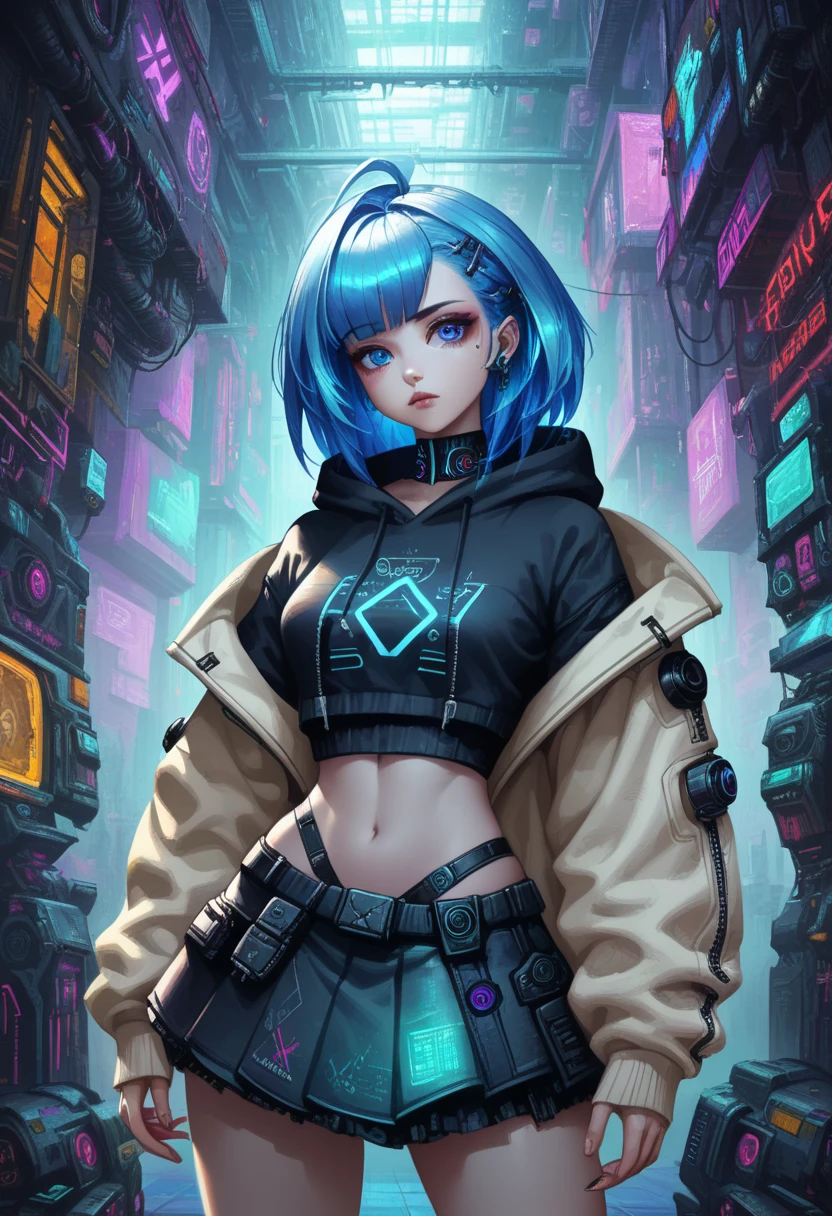arafed woman with blue hair and headphones standing in front of a fire, cyberpunk beautiful girl, female cyberpunk anime girl, cyberpunk anime girl in hoodie, cyberpunk girl, cyberpunk anime girl, digital cyberpunk anime art, cyberpunk 2 0 y. o model girl, cyberpunk art style, cyberpunk angry gorgeous goddess, deviantart artstation cgscosiety, cyberpunk vibe, cyberpunk digital art