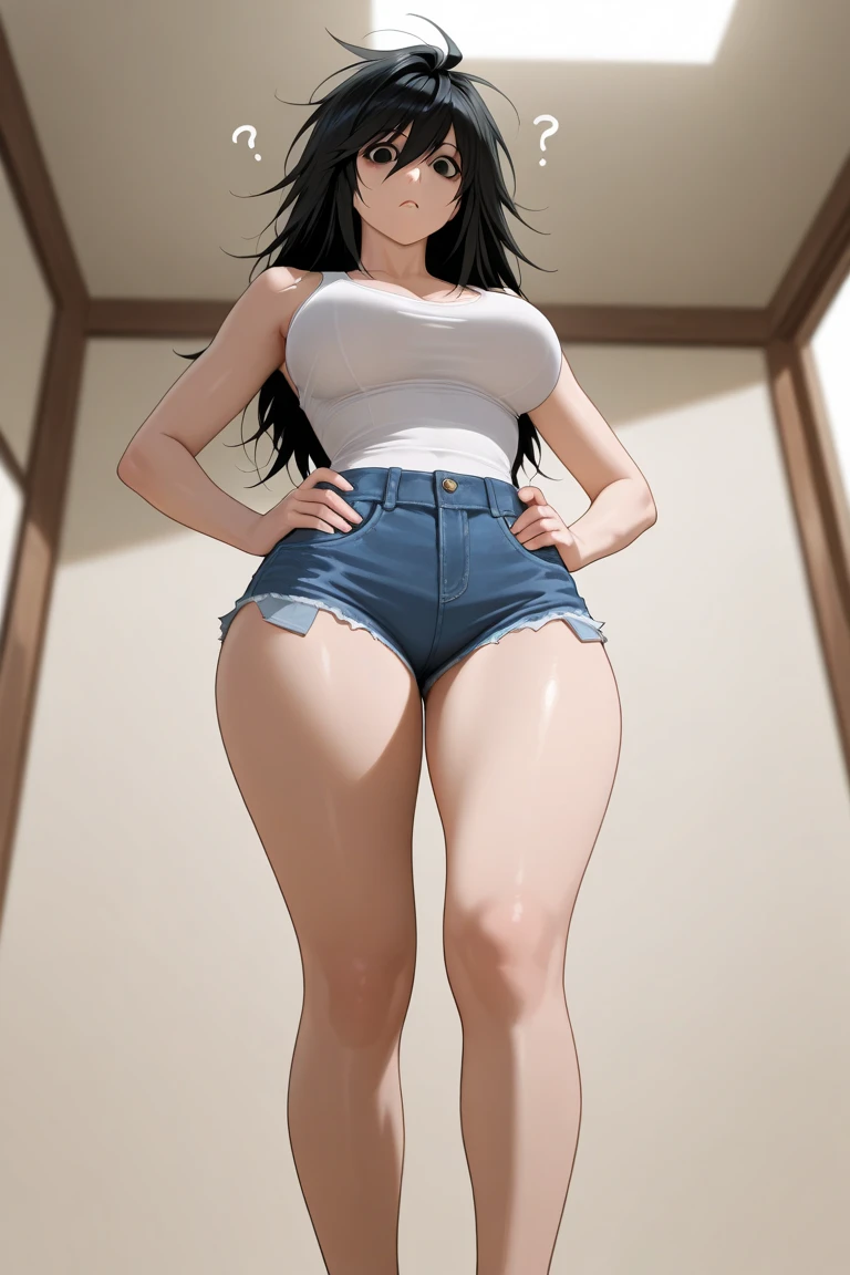 Anime, anime girl, 2d, 18y, 18 years, ((black belt)), (((full body))), Very Kawaii, smile, lip lips, seductive smile, Solo, Slim, Large Breasts, Plain White T-shirt, Very Tight Shorts, No Background, White Background, looking at viewer, darker shadows, (((absurdres))), (((thigh gap))), (((cameltoe))), (((sleeveless))),