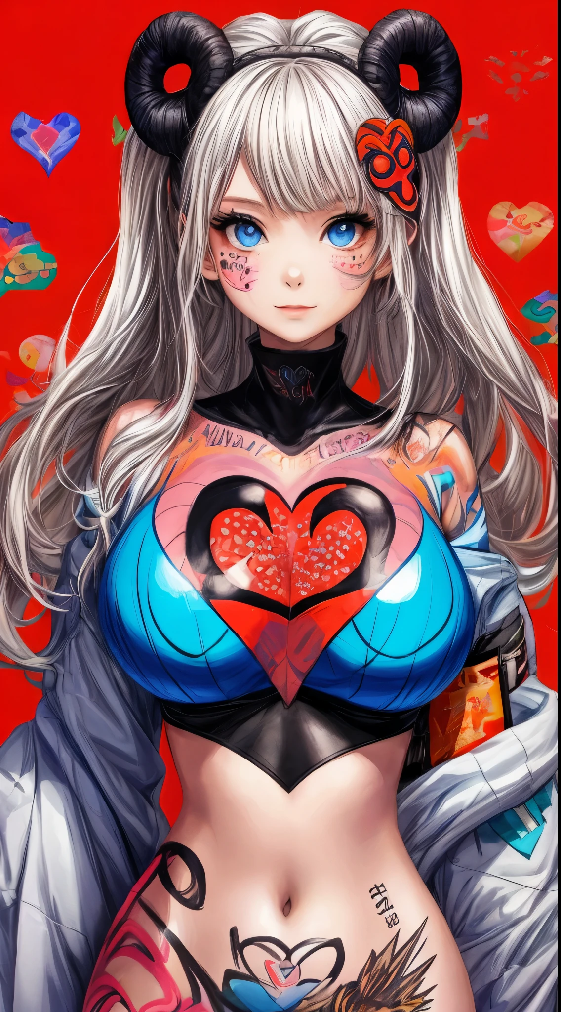 infp young woman, Beautiful big breasts, Front opening shirt, Body painting with pop designs drawn directly all over the body, heart shapes, Pop Art Design, Cutting-edge fashion, Innovative, The center of attention, tokyo prefecture, newyork, Special art design, pubick hair, cameltoe details, -motto, Background of the novel,