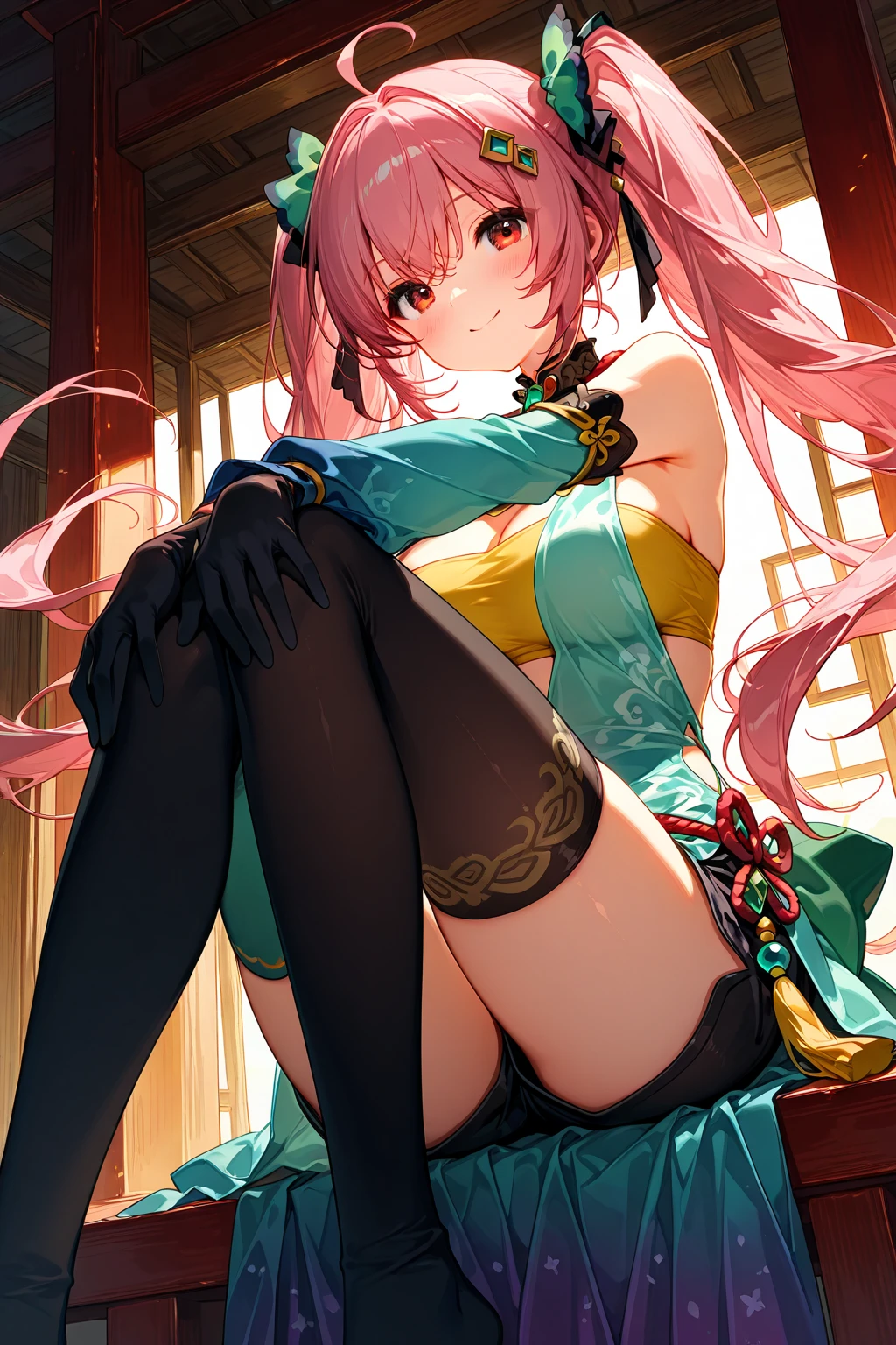 spread legs(Original Character、Unity 16K Wallpaper, Masterpiece, Best Quality, Ultra-Detailed, Extremely Detailed CG, Caustics, Cinematic Lighting, Detailed, Beautiful Detailed Eyes, solo), Ultra High Resolution, fine skin, (sexy china dress, curby、bed), (strong light)、((brighten the subject)),blush,oily skin,spread legs,pink hair