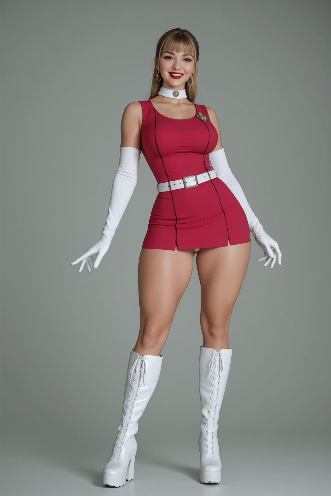 ultra HD, work of art, precise, anatomically correcte, super detaill, High details, high qualiy, best qualityer, 8k, high resolution. Jessie looks beautiful in a full body photo. Blue eyes and long red hair combed back make her a goddess of beauty. Jessie wears a long-sleeved blouse that fits her body, with a big "R" red printed in the center, symbolizing Team Rocket. This detail is essential for team identification and stands out against the white background., the bottom of the outfit consists of a short skirt, also white, that complements the top. This combination creates a look that is both practical for your adventures and stylish., Jessie completes her outfit with long boots, usually black, That go down to your knees. These boots are not only functional for your activities, but they also add a touch of sophistication to your look. She is very sexy, drawing attention to her large breasts and muscular body.