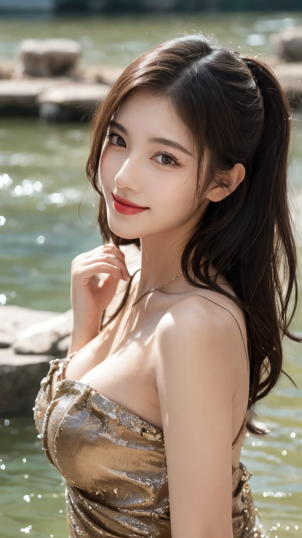 18 year old beautiful girl, Big eyes, Big Breasts, thin, 8k, highest quality, (Very detailed head: 1.0), (Highly detailed face: 1.0), (Very thin hair: 1.0), Maid clothes, High-resolution official artwork, Anime Moe Art Style, Beautiful and detailed anime art, smile, Blonde, Sleek Long Hair、((sitting with her back to the top of the mountain_with blue sky and white clouds,rays of sunshine:1.2)),
