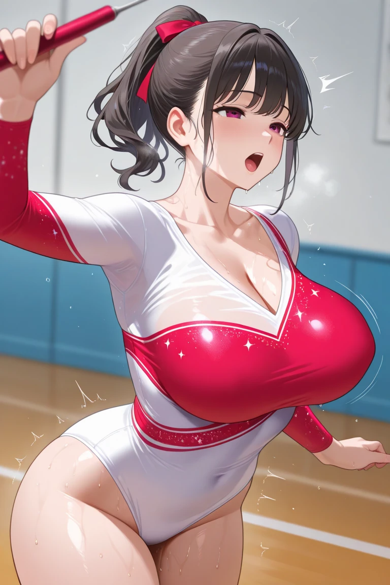 Fair skin, Black Hair,ponytail、Wet crotch,Sexy pose,Natural light、Covered in semen, ((18-year-old、Highest quality、Complex、perspective, Very detailed, Detailed Background,, Big Breasts,Saggy breasts,Three-dimensional chest,Slender body,the body is slim,smile,Thin legs,sort out:1.5,スレンダーBig Breasts,Puffy nipples,スレンダーBig Breasts,Accentuate your breasts,(masterpiece:1.2, Highest quality), (Realistic, photoRealistic:1.4. View your viewers, 1 girl, Gymnast, Perfect Face, Cute and symmetrical face, Glowing Skin, Baby Face,
(Mid-length hair:1.5, サイドponytail:1.2,), Hair between the eyes, (Big Breasts), Nipple hardening,
Beautiful Hair, Beautiful Face, Beautiful attention to detail, Beautiful clavicle, Beautiful body, Beautiful breasts, Beautiful thighs, Beautiful feet, Beautiful fingers,
((Gymnastics uniform)),
(Beautiful views), (Gymnastics stadium), (one leg up Gymnastics pose), (素敵なsmile, Upward glance, Open your mouth),
