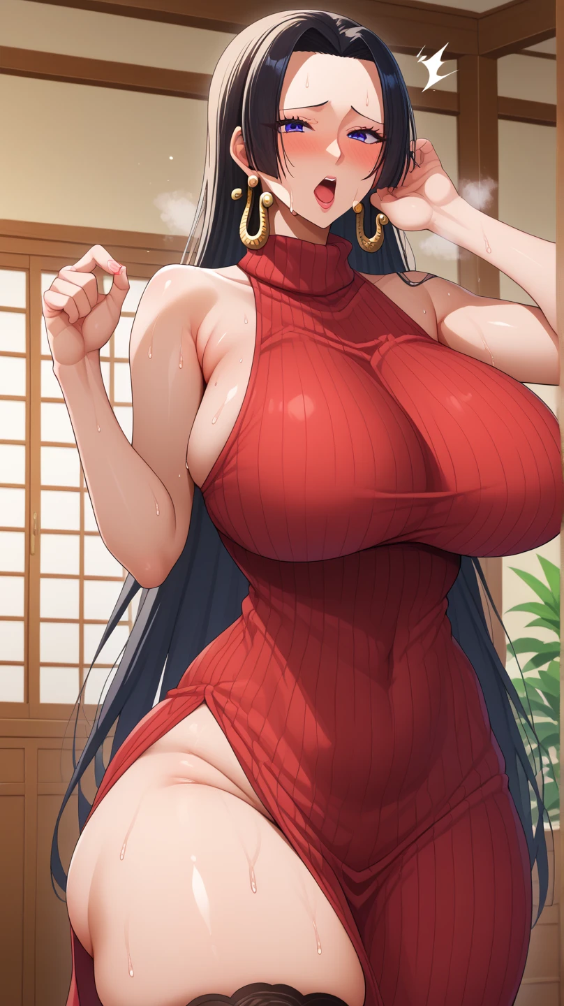 score_9, score_8_up, score_7_up, source_anime, best quality, clear face, Nico Robin, black hair, blue eyes, long hair, large breasts, thick thighs, perfect body, standing, looking at viewer, shocked, china dress, red clothes, dynamic angle, indoor, wet clothes,blushing,embrassed,see though clothes,big boob,hands behind back, view from below,bend over,ripped clothes, cleavage,sideboob, alone,
