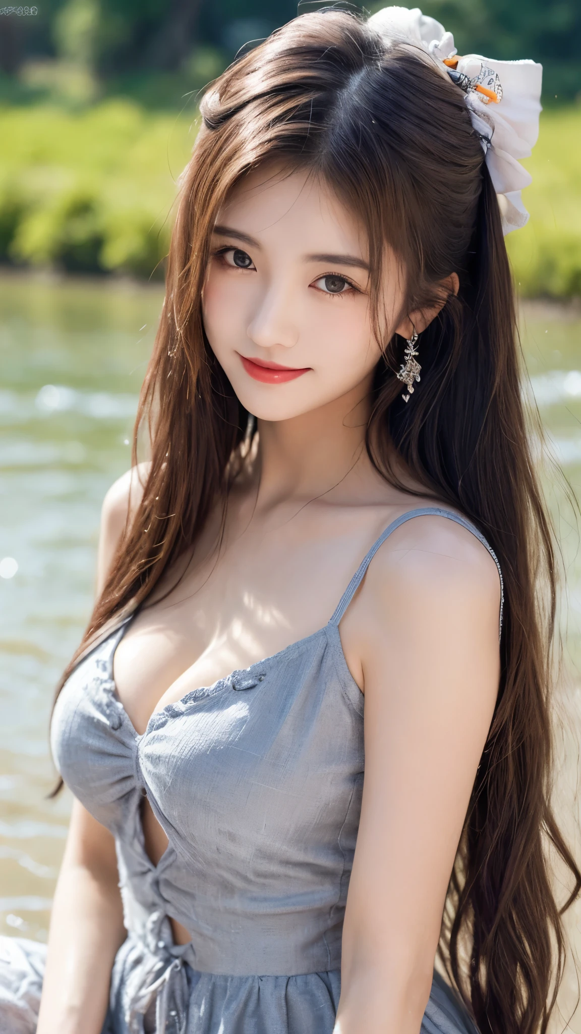 1 female々,White glossy skin, Age 25, A small, elegant face, Red lips, Parted lips, ( Hair parted to one side:1.5), blue eyes, smile, Elegant young woman, Shiny Hair, choker,（Blue see-through blouse :1.3)（Silver shiny silk pleated skirt :1.3), (Blue shiny pumps:1.2),  Natural wavy hair, Slender figure, Tight waist, Beautiful Hands, Narrow shoulders, View here, Broadleaf forest in the daytime