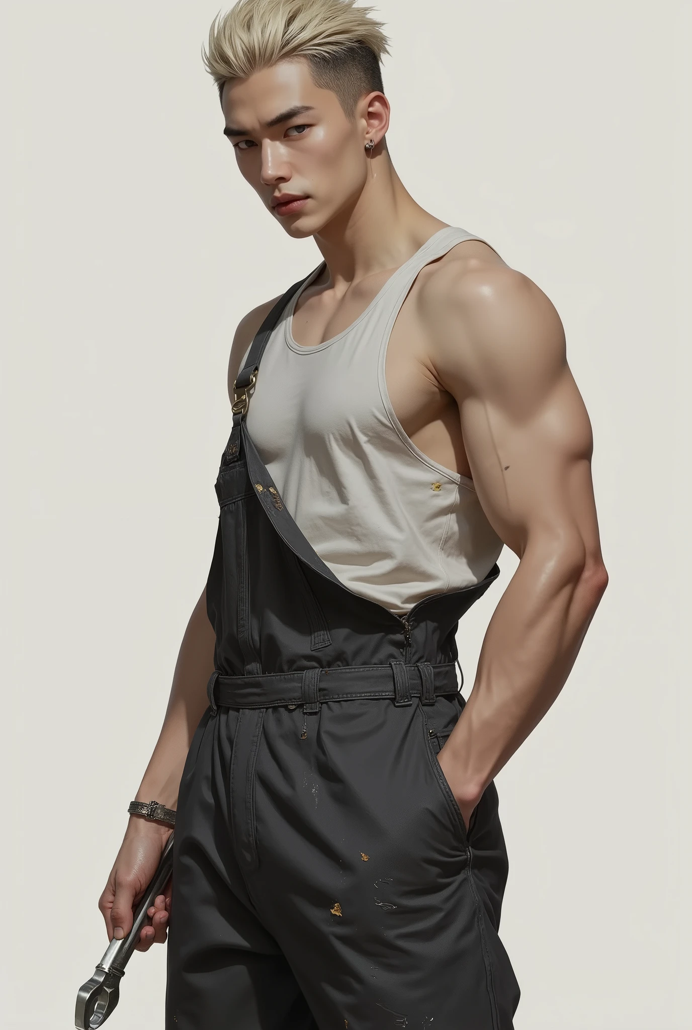 Korean man, 23 years old, Hwang Hyunjin's appearance in 2025, tall, defined arms, fair skin, dark blonde buzz cut haircut, eyebrows with two lines, he has the appearance of a delinquent, he wears a white tank top and a dark gray mechanic's overalls dressed to the waist, stained with grease, he is looking forward, but your body is half turned to the right side, in one hand he holds a ratchet combination wrench, his body appears from the knees to above the head.