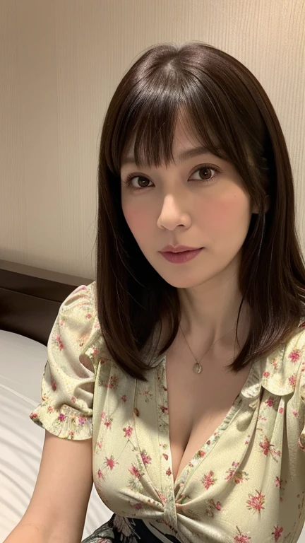Beautiful mature Japanese woman aged 55, Married women, Long eyelashes, Bob Hair, Red lipstick, Pink Cheeks, Pearl Necklace, Earrings, Dark eyeshadow, Cleavage, Chest visible shirt, Summer clothes, Floral, Lying in bed, Open your arms, Sleep on your back, ((Focus on the whole body)),(Highest quality,4K,8k,High resolution,masterpiece:1.2),Very detailed,(Realistic,photoRealistic,photo-Realistic:1.37)