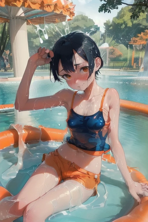 (Unity 16K wallpaper, Masterpiece, Best quality, Ultra-detailed, Extremely detailed CG, Caustics, Cinematic lighting, Detailed, Beautiful detailed eyes, Solo,Pool side),超高分辨率, Fine skin、Sexy,curby,NSFW,(School swim wear:1.3), Small breasts,14 years old、Blue eyes、Blue hair,perm, Blush, Angry,Sitting, spread their legs, Pixie cut