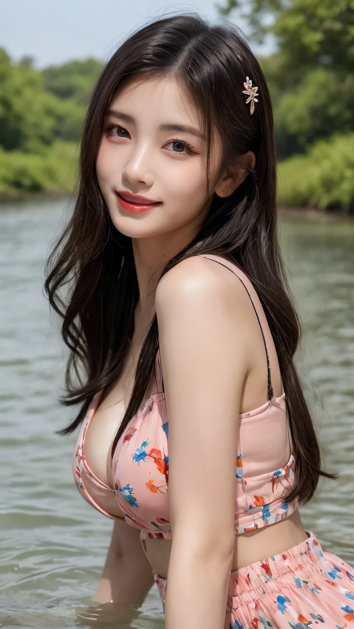 (8K, Top Quality, Masterpiece: 1.2), (Realistic, Photorealistic: 1.37), Super Detail, 1 Girl, 20 years old, Big, Beauty, Cute, Smile, Solo, (Redness of the Nose), (Smile: 1.15), (Mouth Closed), Tank Top, Beautiful Eyes, (Long Hair: 1.2), Floating Hair Novafrog style, upper body