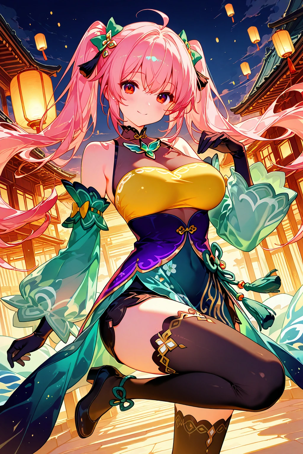 Masterpiece、Highest quality、Super detailed、1 girl、Light pink hair、Fluffy and soft long hair、Starry eyes、Big Tits、Cleavage、Chinese clothing、ribbon、Frills、Belly button、Chinese fantasy town、Earrings、choker、Chinese style hair accessories、City of glitter、lanthanum