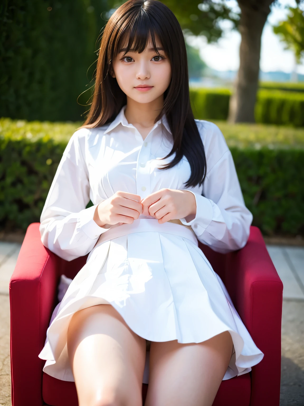 detailed face, ultra-detailed, Must be detailed enough to be easy to identify, Gravure idol pose　Hotel　high resolution　Not too small bust　Skirts should be shortened　Beautiful legs　Height: 158cm, beautiful thigh.