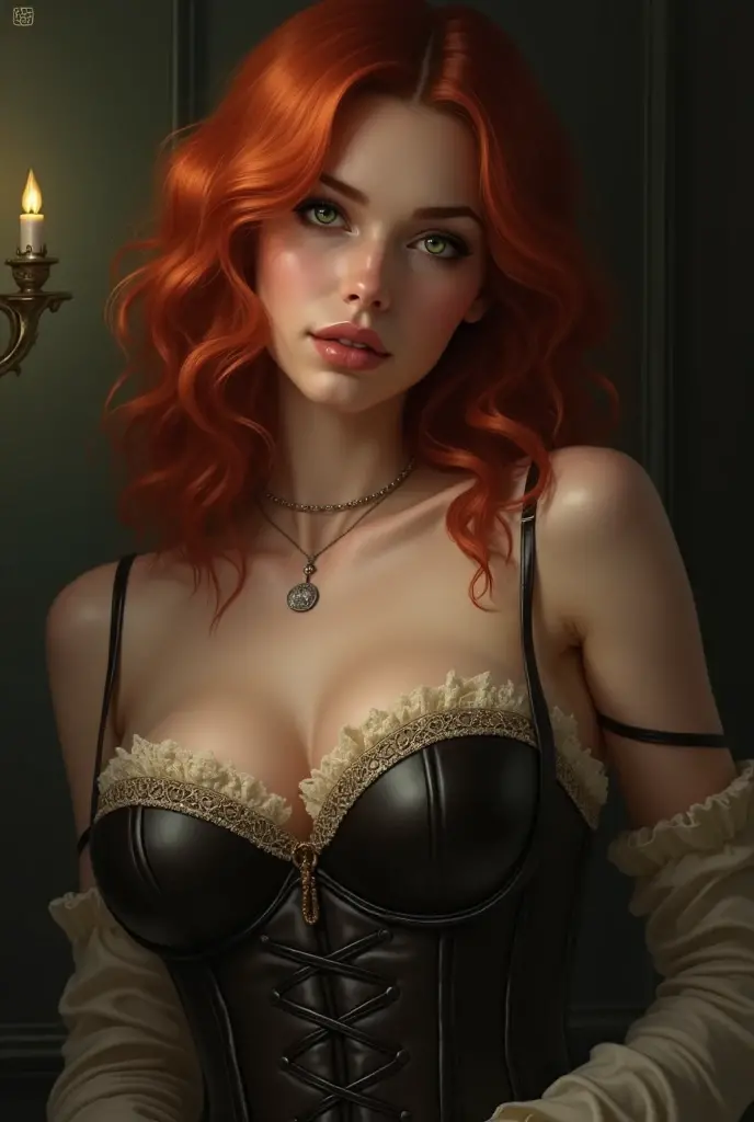 Sexy woman red hair topless with victorian corset