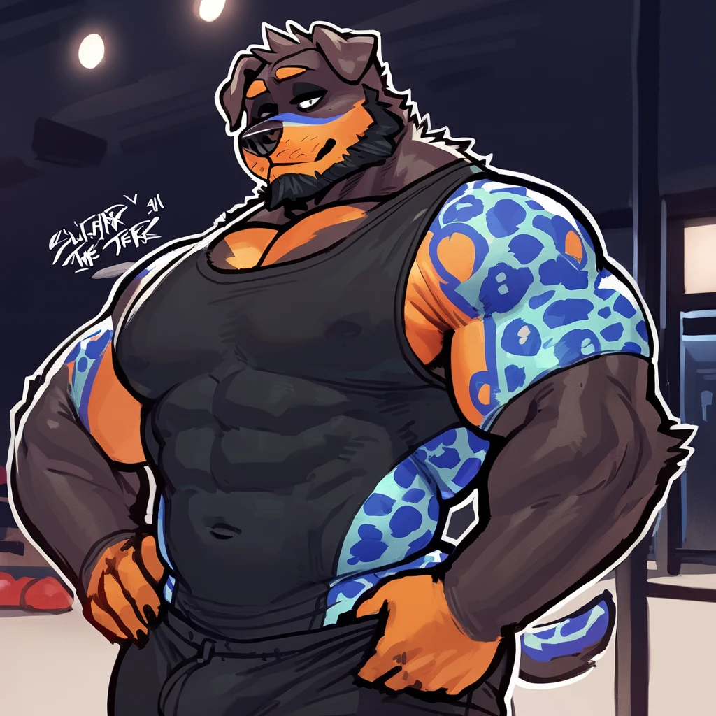 Medium muscular and chubby, black bear, shirtless, in black shorts, Amber eyes, bluish-green mane, bluish-black fur, cream-white fur, By mystikfox61