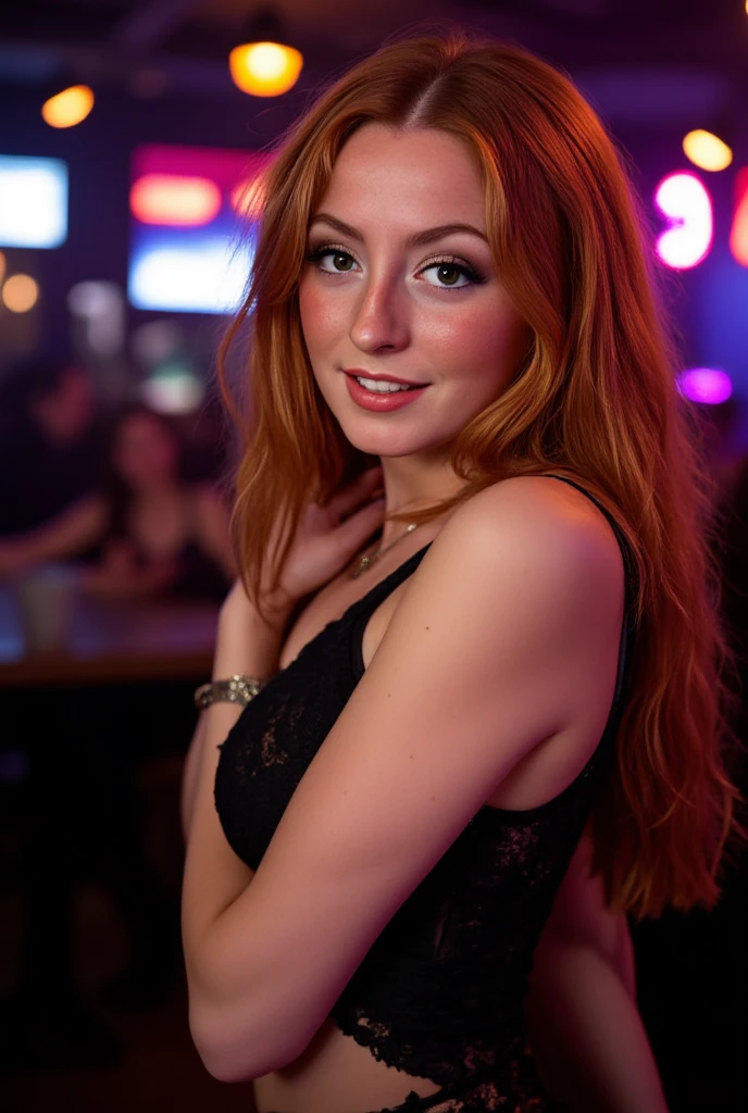 Capture a RAW UHD full-body shot of a 24-year-old blonde woman in a standard pose. She has wavy blond-red hair, green eyes, and is located in an apartment with a backstory involving a New York City gym. The background features castles, a starry night sky, and Mama's Nature. The woman wears a detailed black cocktail dress, with a focus on fabric, hair, and silver details. Ensure high detail, especially in the bright eyes looking into the camera, with specular lighting using a DSLR like the Fujifilm XT3. Emphasize sharp focus, depth of field, film grain, and a centered composition. Use crystal-clear quality, with the subject at the center of the frame, showcasing a beautiful face with attention to detail. Include elements like a lamppost, neon lights, and bokeh, creating a discreet atmosphere in the poorly lit night. The overall tone should be in full color, with a medium shot, and note that the model is not wearing a bra (NSFW).