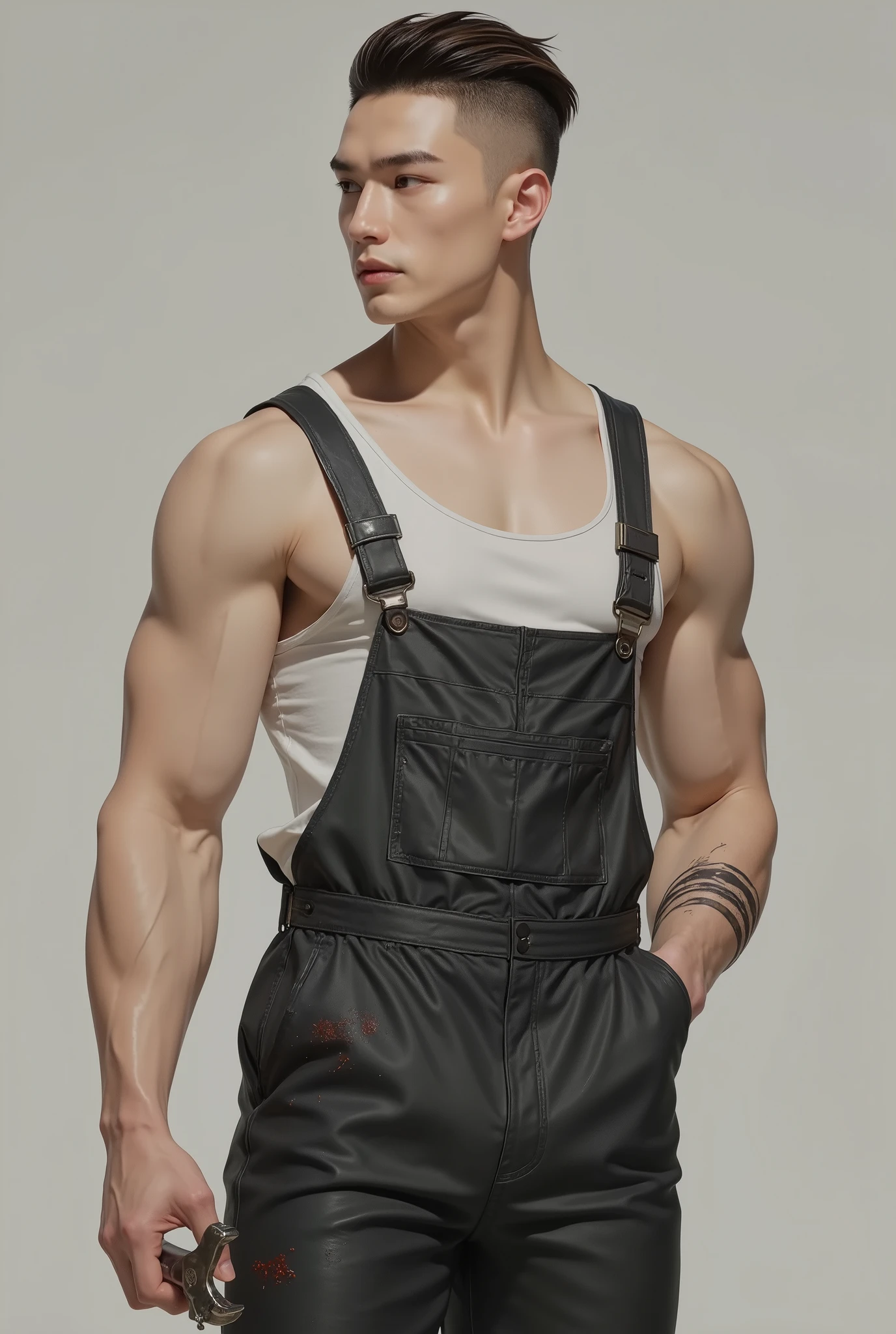 Korean man, 23 years old, Hwang Hyunjin's appearance in 2025, tall, defined arms, fair skin, dark blonde buzz cut haircut, eyebrows with two lines, he has the appearance of a delinquent, he wears a white tank top and a dark gray mechanic's overalls dressed to the waist, stained with grease, he is looking forward, but your body is half turned to the right side, in one hand he holds a ratchet combination wrench, his body appears from the knees to above the head.