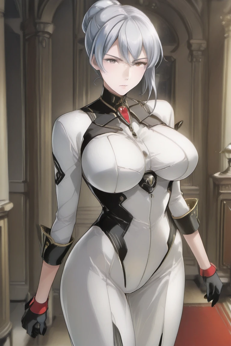(((masterpiece, best quality, ultra-detailed ,very detailed illustrations, extremely detailed, intricate details, highres, super complex details, extremely detailed 8k cg wallpaper, monochrome, caustics, reflection, ray tracing, anime style))), 1girl, (super detailed face, Extremely detailed eyes, beautiful eyes, highres eyes, black eyes, x-shaped pupils), solo, white hair, black hair, multicolored hair, gloves,((arle_suit, clothes)), upper body, jewelry, looking_at_viewer, signature, solo, (chubby ,big belly, big thighs, big breast), ((at the centre of picture:1.2))