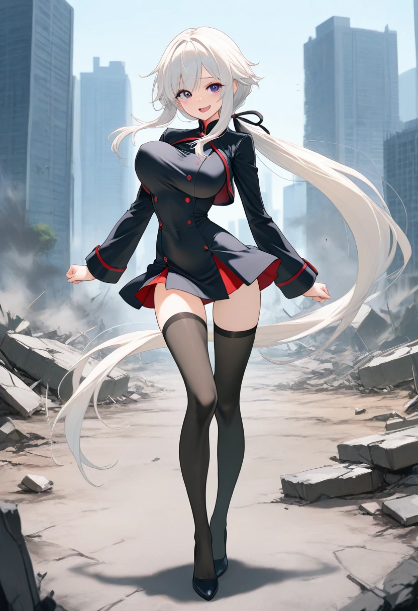 (1girl:1.2),(solo:1.2),masterpiece,best quality,highly detailed,best quality,anime screencap,highres,extremely detailed wallpaper,third-party edit,angry expression,black silk bodysuit,long white hair,<lora:ScharnhorstLoraXL-000018:0.9>,jacket,hand on waist,(raise up one foot:1.5),stamp on viewer,