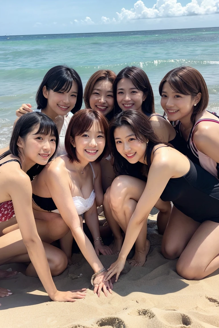 RAW Photos, Highest quality, High resolution, Very detailed、 8K image quality,、Swimwear、group of 5 friends、Beautiful beach、Japanese、Idols、Shooting from below