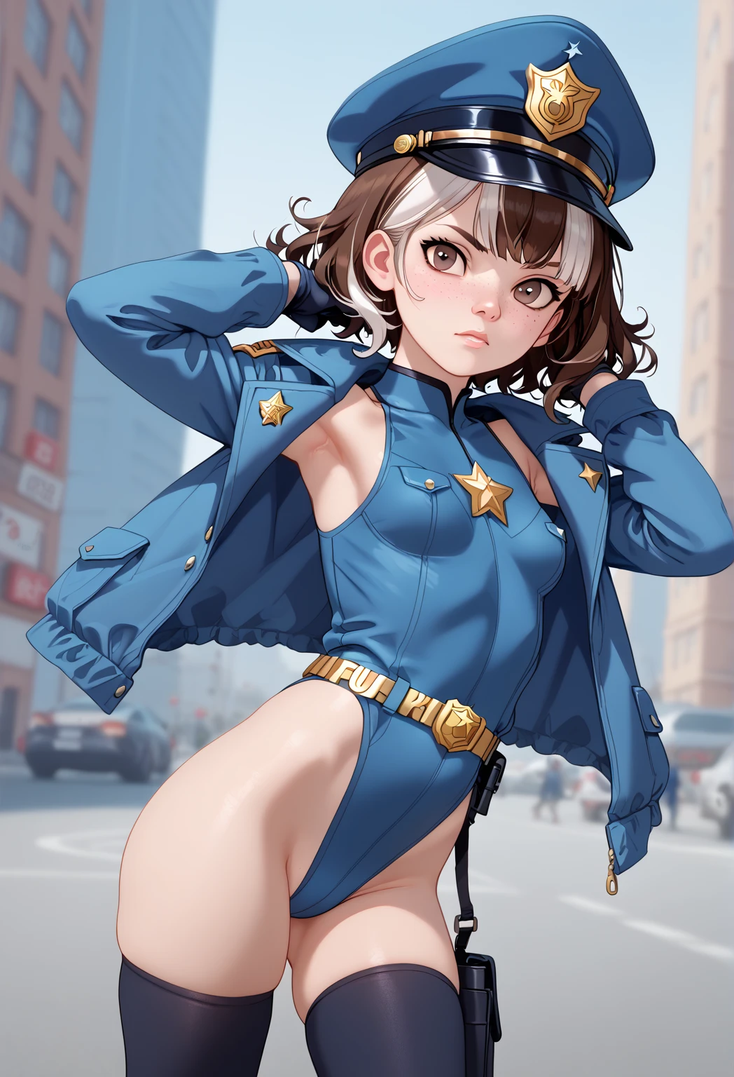 (best quality, masterpiece:1. 2), highly detailed, HDR, 20 years old (police uniform, underboob, shirt, blue thong), police uniform, underboob, looking at the viewer, (beautiful detailed eyes, beautiful detailed lips, extremely detailed eyes and face, long eyelashes), (shapely, rounded, hourglass) body, (beautiful detailed breasts, shapely breasts, firm breasts), (shapely, toned) legs, very sexy, city at night in the background (feisty smile, devious)