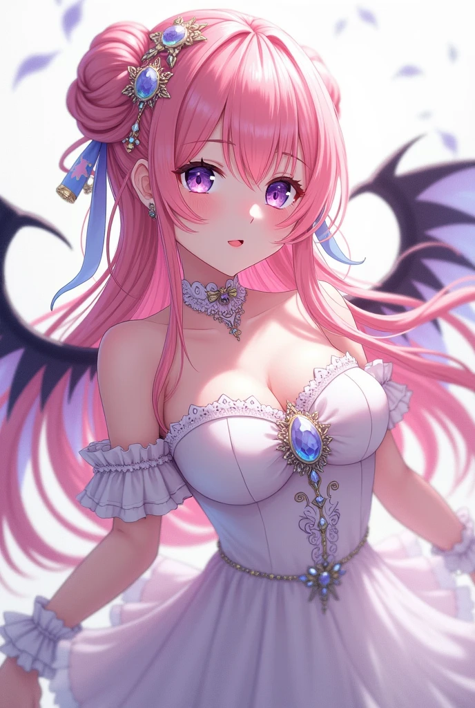 (8k, masutepiece, Best Quality, Official art, beautiful detailed, beautiful lighting, best masterpiece in history that exceeds limits), (1 Girl, solo), (sixteen years old), (beautiful detailed face), (shiny white skin), (Beautiful big bust, cleavage:1.2), (Beautiful detailed pink twintails hair, Bangs:1.3), (beautiful detailed drooping pink eyes:1.5), (Beautiful Luxurious blue Princess Dresses, See-through intricate lace, black cute bow ribbon, a lot of see-through frill, sheer chiffon material, silver thread, Diamond, pearl, corset), (Beautiful Luxurious Diamonds Tiara),  (happy smile:1.2), breathtaking scenery, (Attractive, looking back), (Beautiful fantastic angel wings, halo:1.3)