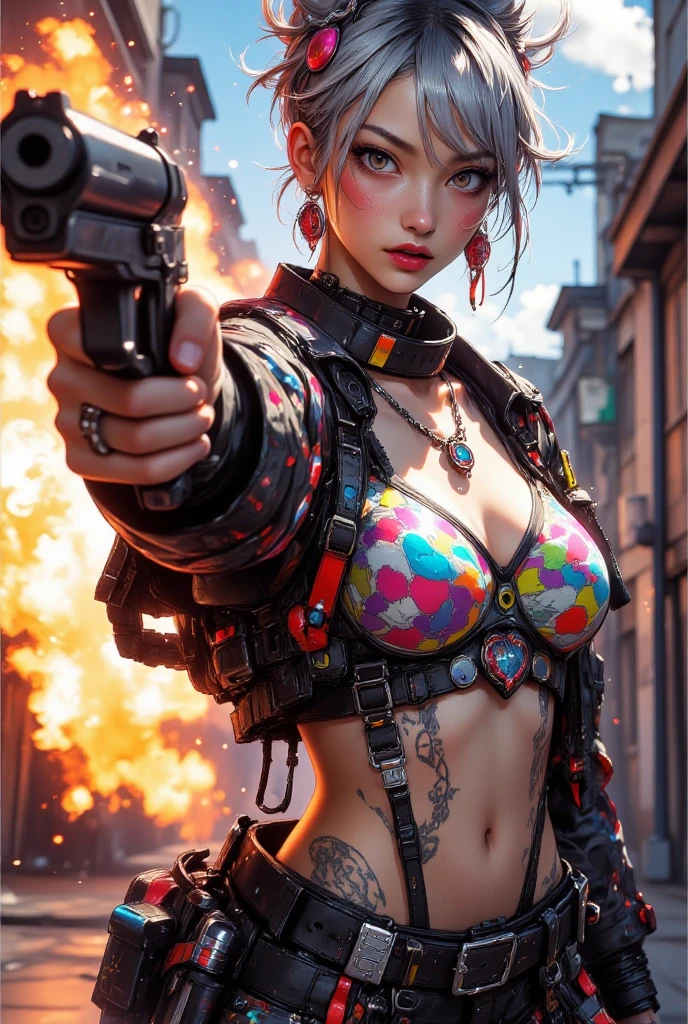 1 girl, beautiful slim busty japanese woman, Beautiful woman, (((Cleavage, Big Breasts))), (Sweaty:1.4), Full body, soft silver hair, (((mohawk))), punk, punk fashion, Colorful Costumes, Tattoos on the body,  (((aiming a pistol))), (((point a gun at the camera))), (trigger discipline), emphasizing her stance and power, adding depth and a sense of openness to the scene, On a back street in downtown L.A., background with big explosive flame, depth of fields, blurry backround, Looking seductively at camera, Juicy lips, Cleavage. (Big round ), Small hands. High Definition, masterpiece, Accurate, top quality, High Definition model, high detail, beautiful detailed, beautiful hair, high resolution, 32K, realistic rendering, (Masterpiece, Hi-res: 1. 2), ultra-realistic details, 