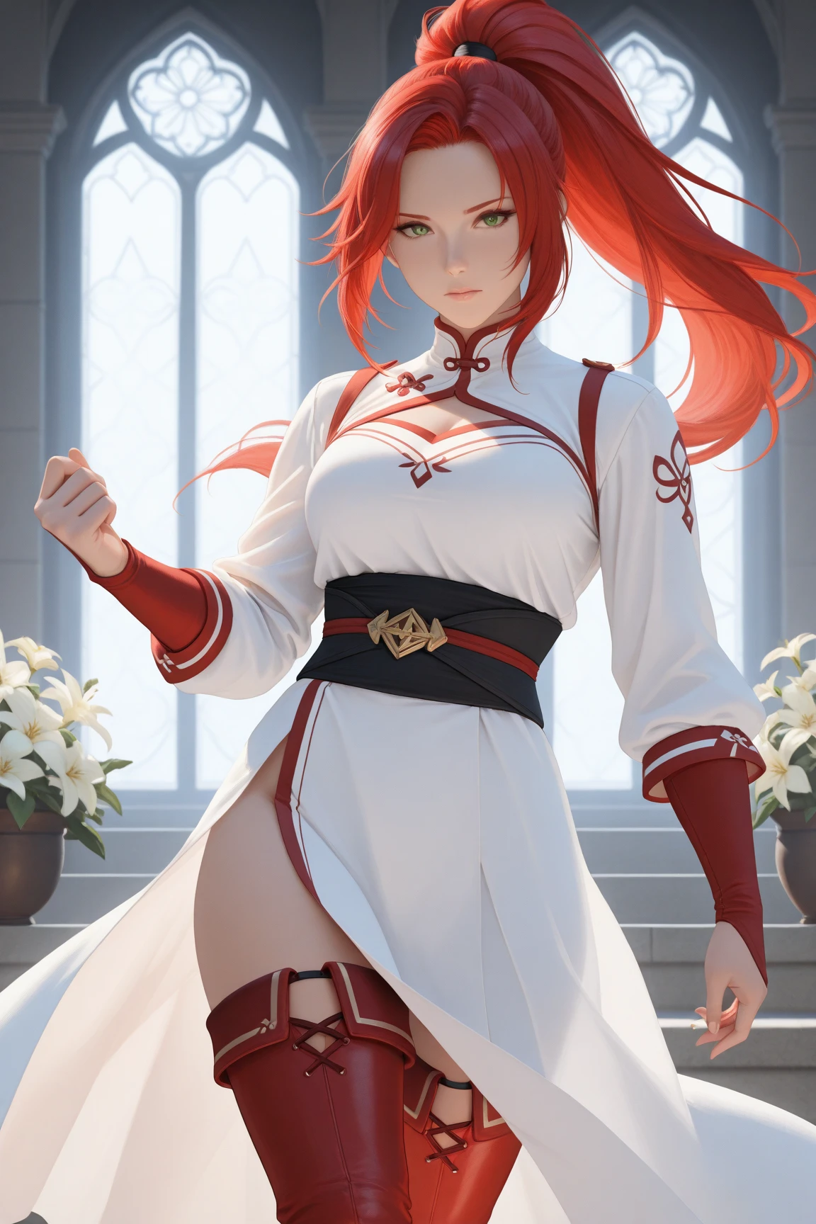 4K,High resolution,One Woman,Red Hair,Long Ponytail,Wolf ears,Blue Eyes,Big Breasts,Swordsman,White Chinese dress,Well good,Sideboob,White gloves,White shoes,Jewelry decoration,Long sword,Plains