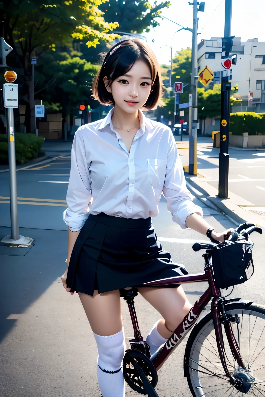 (RAW Photos), (Realistic), (masterpiece), (Highest quality), High resolution, 8k resolution, (Exquisite detail), (Volumetric Light), woman, Age 35, short hair, Straight hair, Brown haired, Very thin, Very white and clear skin,Highly detailed eyes, Source Sequence, Very thin eyebrows, eyelash,Ultimate beauty,Cute like an idol, smile, (office suits), Sit in the saddle,Beautiful breasts,Beautiful Japanese office lady, Pleated skirt, Random Color, Cute Face, Real Light, Correct Anatomy, ride a bicycle:1.4、Mommy bike:1.4, There is a basket, Low saddle,Moving bicycle, (((非常にLow saddle, Sit in the saddle))),pedalをこぐ,Hold the handlebars with both hands,Look straight ahead,womanは視聴者を見ていない, pedal, From below1.4、(((Low angle 1.4))), In the city, (((I can see her panties))), Beautiful long legs, (((かなりFrom below:1.4))), Thin thighs, womanをFrom below見上げる視聴者,From below,From below,(((Low angle full body shot, Black pumps,かなりFrom belowの角度, focus on the saddle, Zoom from ground level,From a dog's eye level))), womanは前傾姿勢ではない, Not a car, from the front, 視聴者はFrom belowwomanの股間を見上げる,I can see her knees,womanは片膝をあげる, low angle: 1.4, focus her knee
