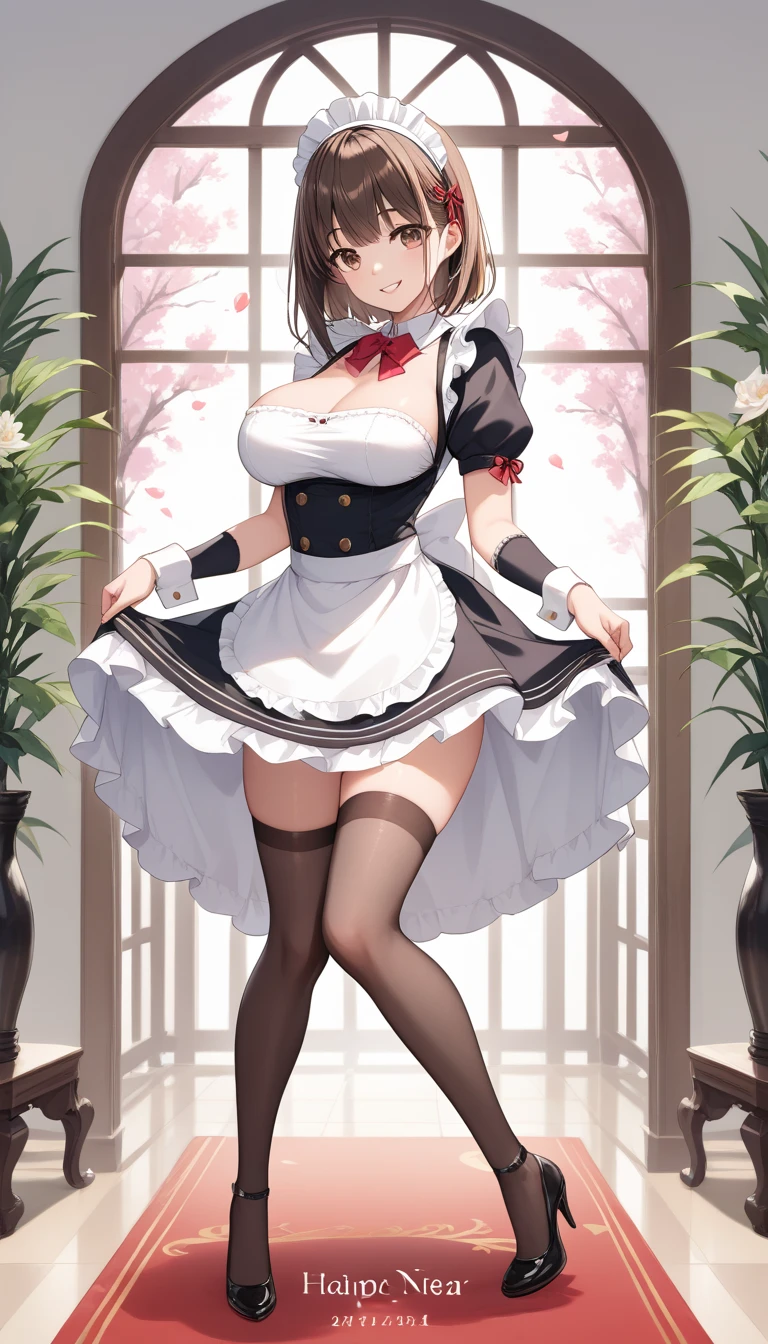 1girl, cute, ((Short black hair girl and long blonde hair girl)), maid victorian, maid apron, straight face, dazed, Body position: Standing, straight, symmetrical, barefoot, Lustful smile on face with red blush,