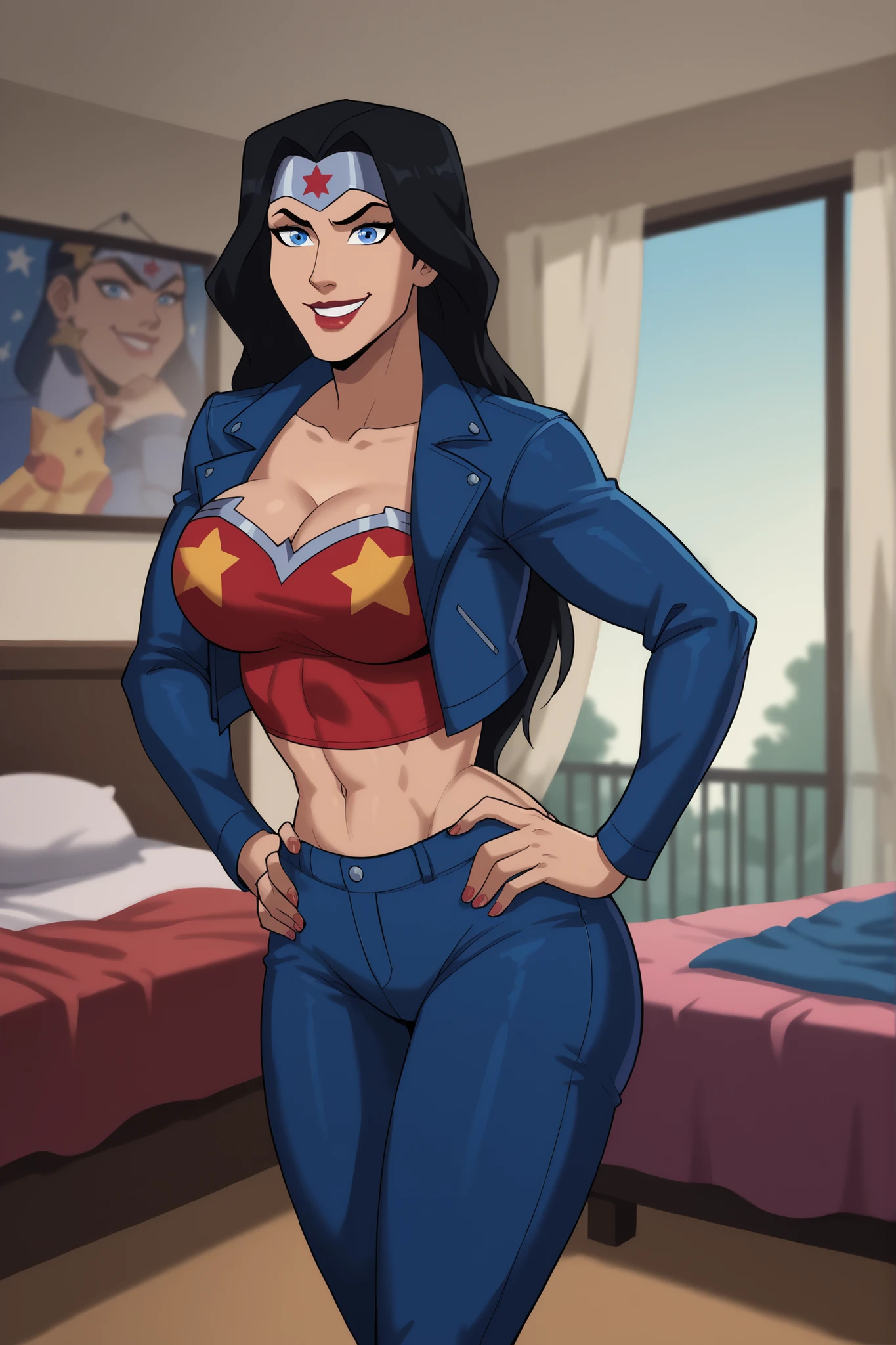 score_9, score_8_up, score_7_up, score_6_up, BREAK, safe_pos, 1girl, solo, wowobldlns, forehead protector, blue eyes, black hair, long hair, lipstick, makeup, hands on waist, model pose, large breasts, curvy, athletic, cleavage, looking at viewer, happy expression, smiling, closed mouth, blue leather jacket, long sleeve, red crop top, blue jeans, indoors, bedroom, star print