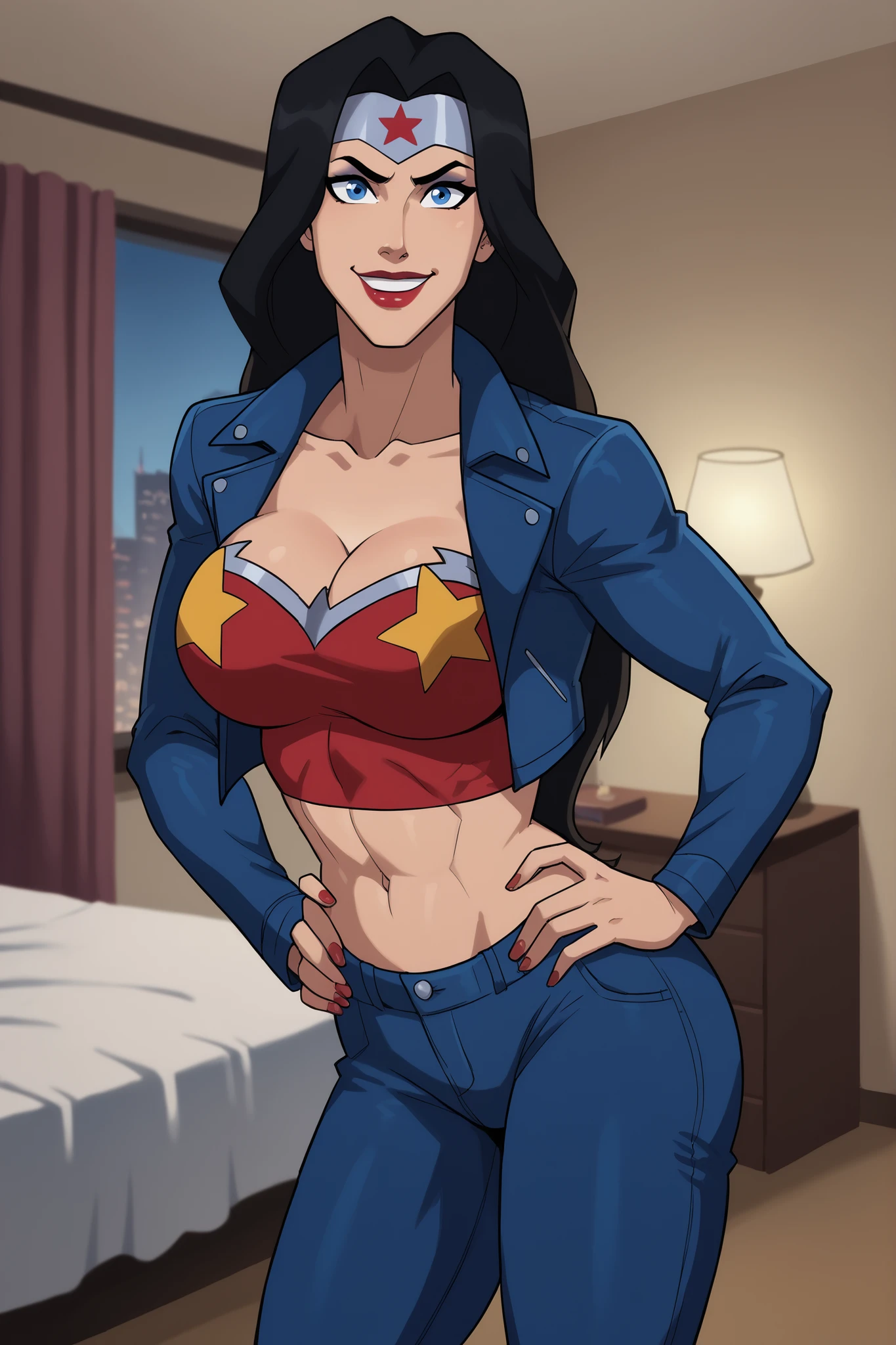 score_9, score_8_up, score_7_up, score_6_up, BREAK, safe_pos, 1girl, solo, wowobldlns, forehead protector, blue eyes, black hair, long hair, lipstick, makeup, hands on waist, model pose, large breasts, curvy, athletic, cleavage, looking at viewer, happy expression, smiling, closed mouth, blue leather jacket, long sleeve, red crop top, blue jeans, indoors, bedroom, star print 