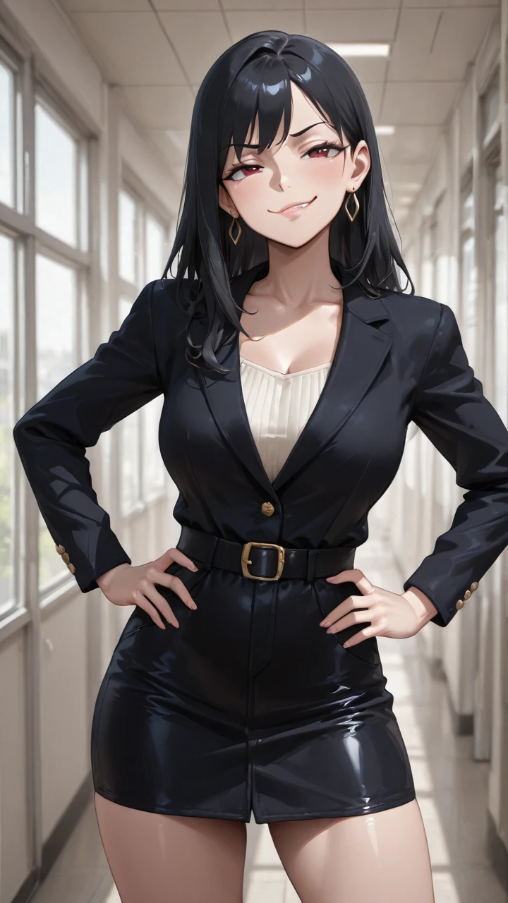 masterpiece, best quality, 1girl, solo, vanwinkle, standing,  female focus, blue eyes, messy hair, suit, glasses, necktie, big breasts, teeth, [[closed mouth]], formal, smile, simple background, pants, ((arms behind back), looking at viewer, indoors, standing, closeup,  boob window, large breasts, face focus, closeup shot, black tuxedo suit
