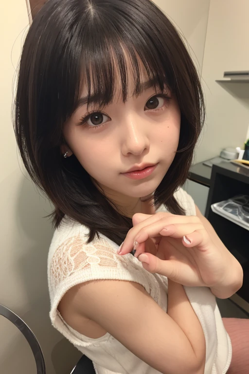 (High resolution:1.3), (16k, Photorealistic, Raw photo, Shooting with a smartphone, Best image quality: 1.4), Japanese, (One Girl), Beautiful Face, (A vivid face), (Black-haired、short hair:1.3), Beautiful Hairstyles, Realistic eyes, Beautifully detailed eyes, (Realistic Skin), Beautiful skins, attractive, 超A high resolution, Surreal, High detail, Golden Ratio, Highly detailed cute girl,(20-year-old), office, seminude