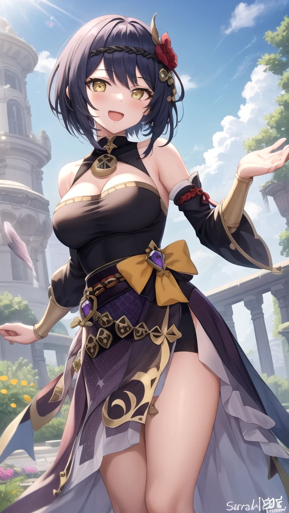 （tmasterpiece，best qualtiy：1.2），cowboy lens，独奏，focal，1girll，Off-the-shoulder attire，cleavage，ssmile，Keep one's mouth shut，Crossed arms，folded ponytail，Black tights，Purple scarf，ln the forest