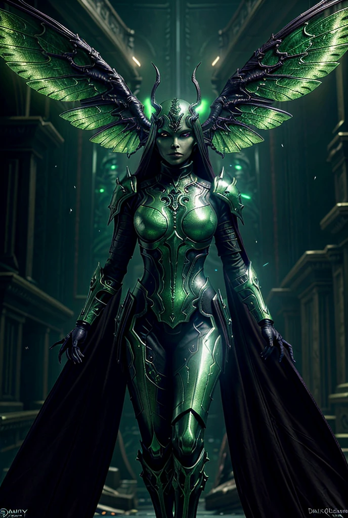 Green Dragon, wings, female, scaly body, skinny, big wings on her back, glowing eyes, using magic, clothes, arms, mortal face, human body, desirable, human body, no tail, arms, no tail