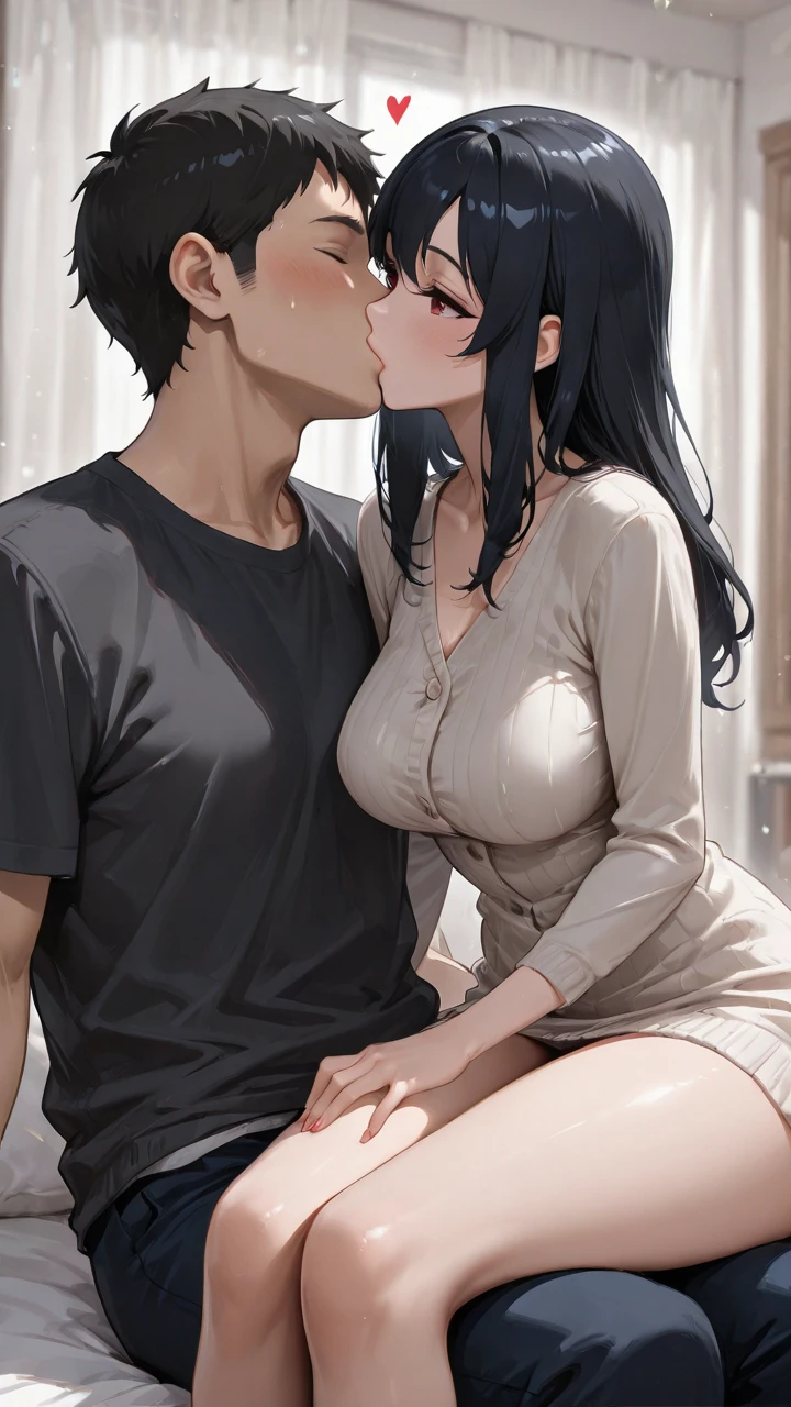 8k,4k,best quality,1girl,black hair,red eyes,college older adult,kissing 1guy,1girl on 1guy lap