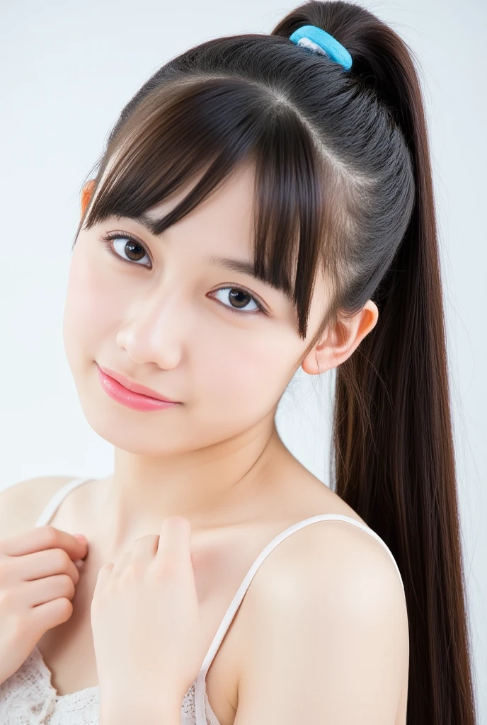 highest quality, Realistic, 8K, High resolution, 1 Girl, woman, (Skin dents), (Portraiture:0.6), nice, ((White Background, Completely naked, Small breasts:1.65)), (Brown hair in a ponytail, Parted bangs:1.4), Watching the audience, (1 Girl eyes Watching the audience:1.6), Realistic, (Bokeh), (Closed Mouth, smile:1.3), nice, Purelos Face_V1:1,Completely naked、