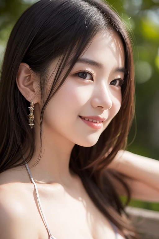(1girl), brown eyes, A very neat face, (cute smile:1.2), (innocent smile:1.2), (highly detailed eyes, highly detailed face), Women, (Tube top:1.2), accessories, necklace, earrings, (hyper-realistic, hight resolution), (best Quality:1.4), model, Enchanting, beach, beachside open cafe, (Fine face:1.2),