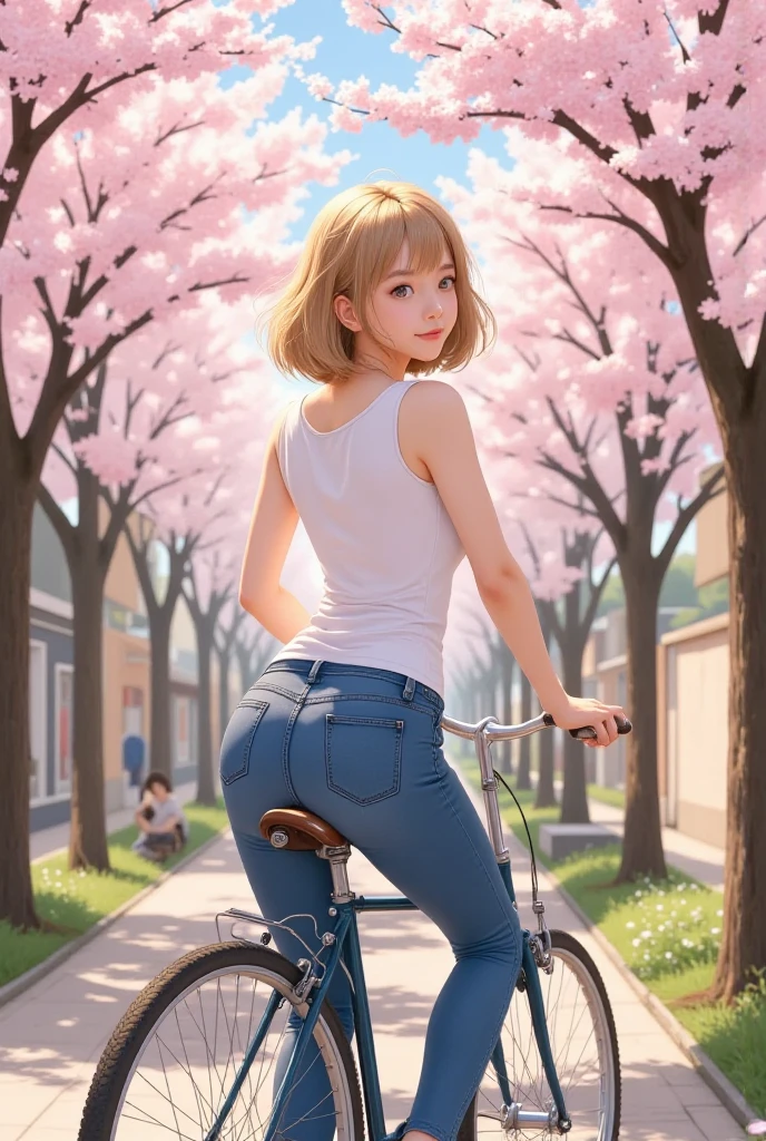 Sakura Kinomoto 10 years old, short orange hair tied up and forming a tail and a headband in each tail, pechos muy gigantis, very fat legs, caderas grandis, nalgas muy gigantis, sitting astraddle atop the side of a bicycle with flowers in the background, 1 girl, Alone, micro shorts, is, shirt, black micro shorts, thighs, outdoor, mirando al ispectador, sleeveless, crop top, sleeveless shirt, hombros discubiertos, blue shirt, haddock, vehículo terristre, bermuda micro shorts, diaphragm, day, bicycle, brazos disnudos, old, looking back, Lateral, :t, dolphin micro shorts