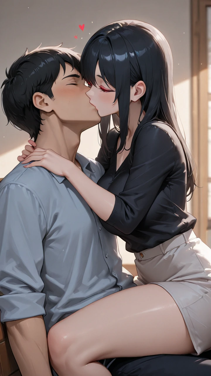 8k,4k,best quality,1girl,black hair,red eyes,college older adult,kissing 1guy strong and attractive,1girl on 1guy lap,eyes closed