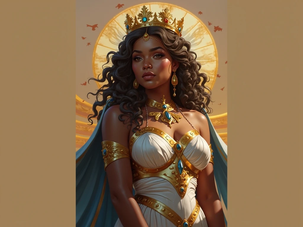 A dark-skinned goddess with long, wavy hair in the Renaissance style
