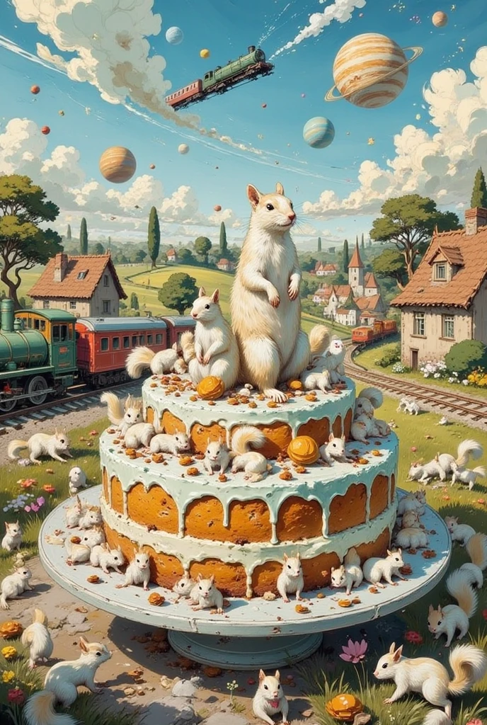 a cake made from a huge number of tiny live white squirrel, trains, planets, houses