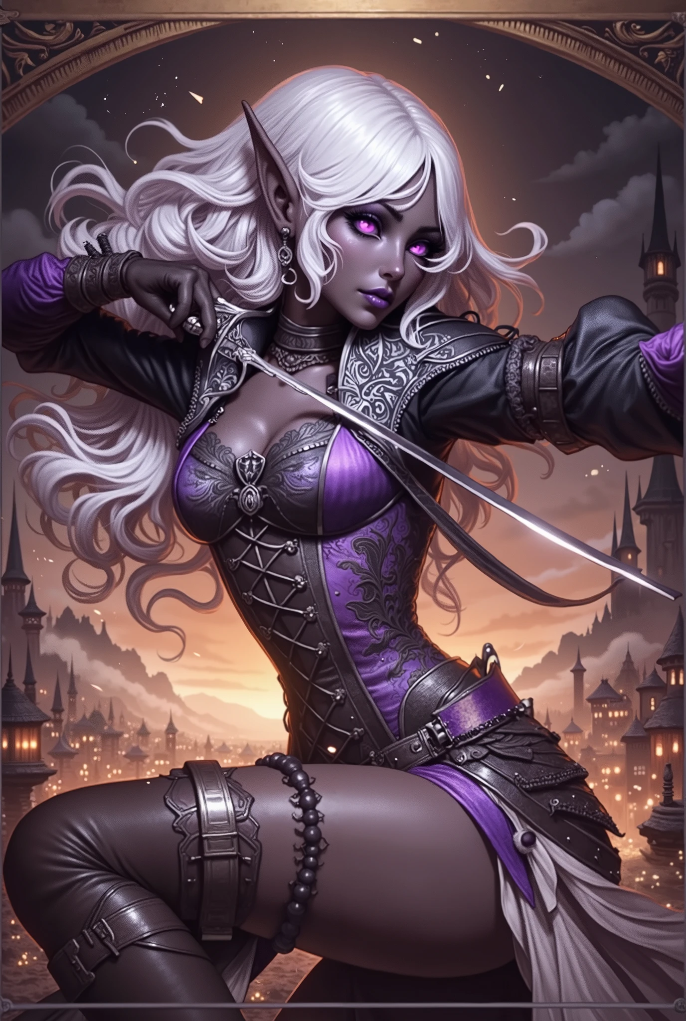(Ultra-detailed faces, gothic fantasy illustrations, ukiyoe style. An underground city of dark elves deep underground where no light can reach. The outline of the underground city, lined with gothic spires, is framed by a pale purple aura. A female Dark Elven swashbuckler twists her body, turns her back, and manipulates her beautifully decorated rapier in a daring pose as if she were dancing. She has long white hair, dark purple skin, wears an archaic lace-up dress, and sandals. The viewpoint depicts the woman from above, looking down on her.)