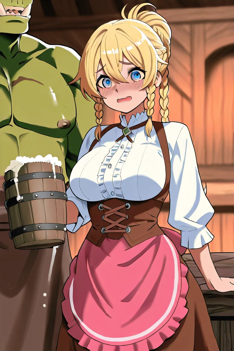 score_9, score_8_up, score_7_up, source_anime, shiny skin, sweat, BREAK ,detailed_background,indoors, 1girl, waving, looking at viewer, short hair, blonde hair, blue eyes, elf ears, large breasts, dress, arm under breasts, tavern