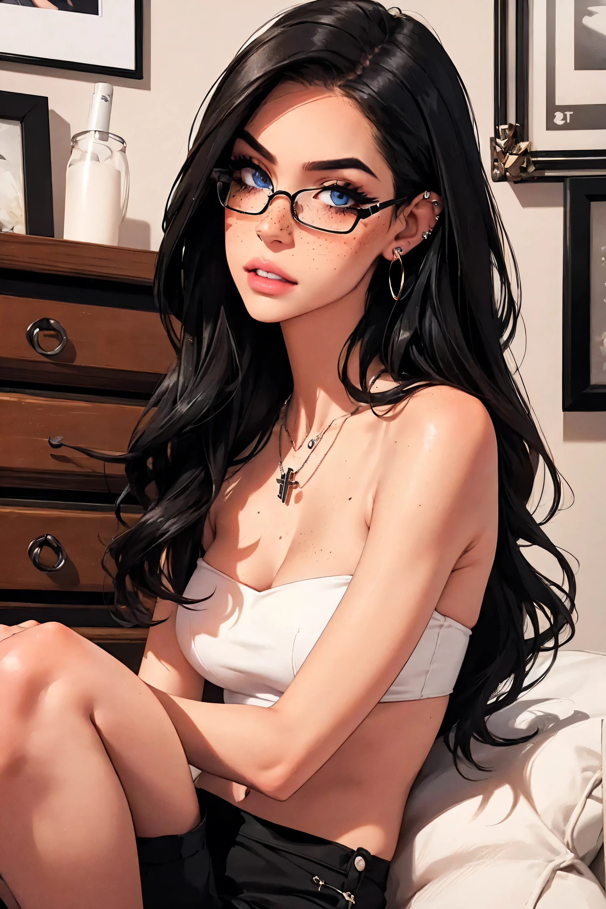 24 year old girl, influencer, model, beautiful, mascara, pointy nose, nose blush, freckles, tube top, piercings, tattoos, slender, slim, black hair, cross necklace, witch, blue eyes, circle frame glasses, (((instagram model)))