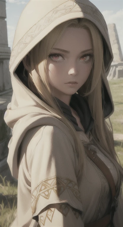 A thin, pallid, beautiful female vampire in a dark, night time city setting. Dirty blond hair, brown eyes, conservative clothing with a scarf over her head. Three eyes, one of which is located in the middle of her forehead with a small, bloody tear weeping from it.