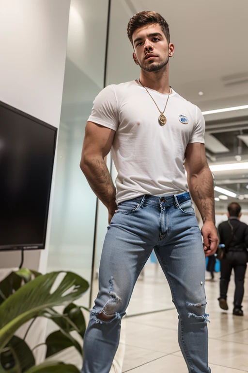 A muscular beefy broad whit man with a huge cock and tight jeans in a construction worker outfit