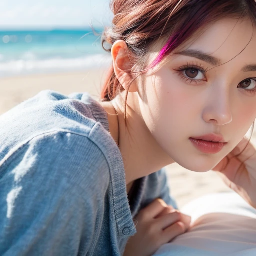 close-up,1girl,pink hair,white dress,Beach background