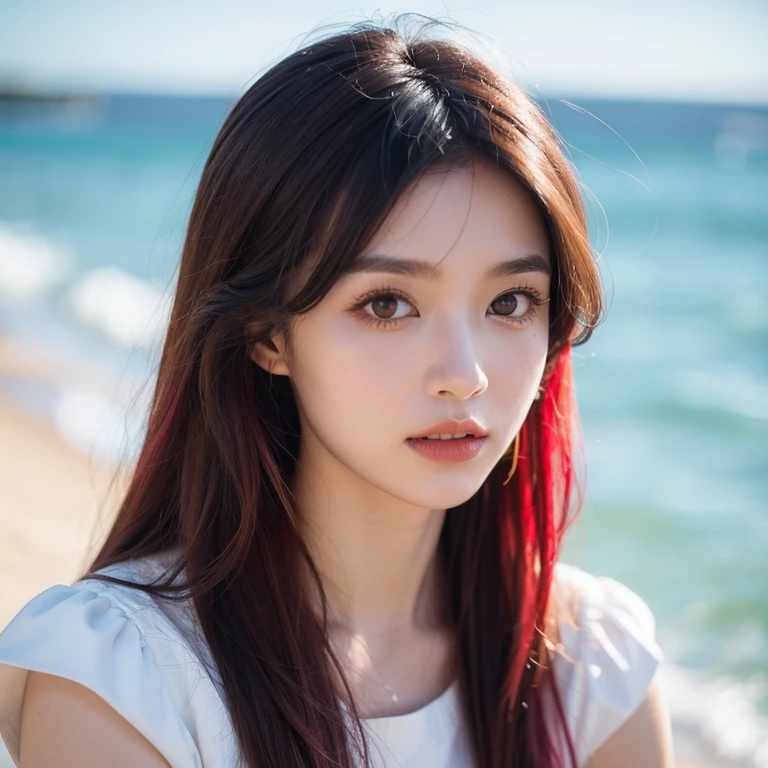 close-up,1girl,pink hair,white dress,Beach background