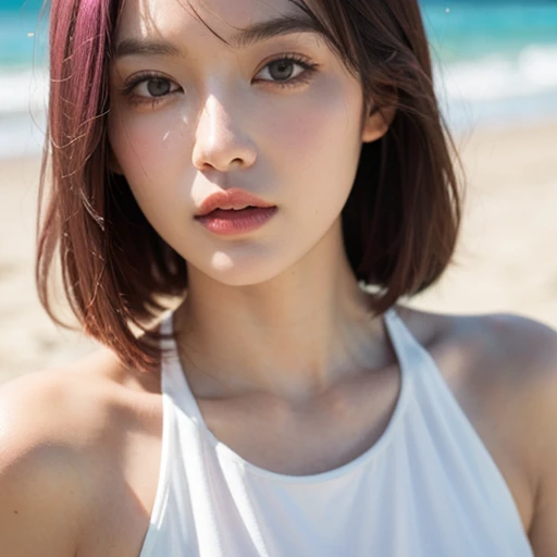 close-up,1girl,pink hair,white dress,Beach background
